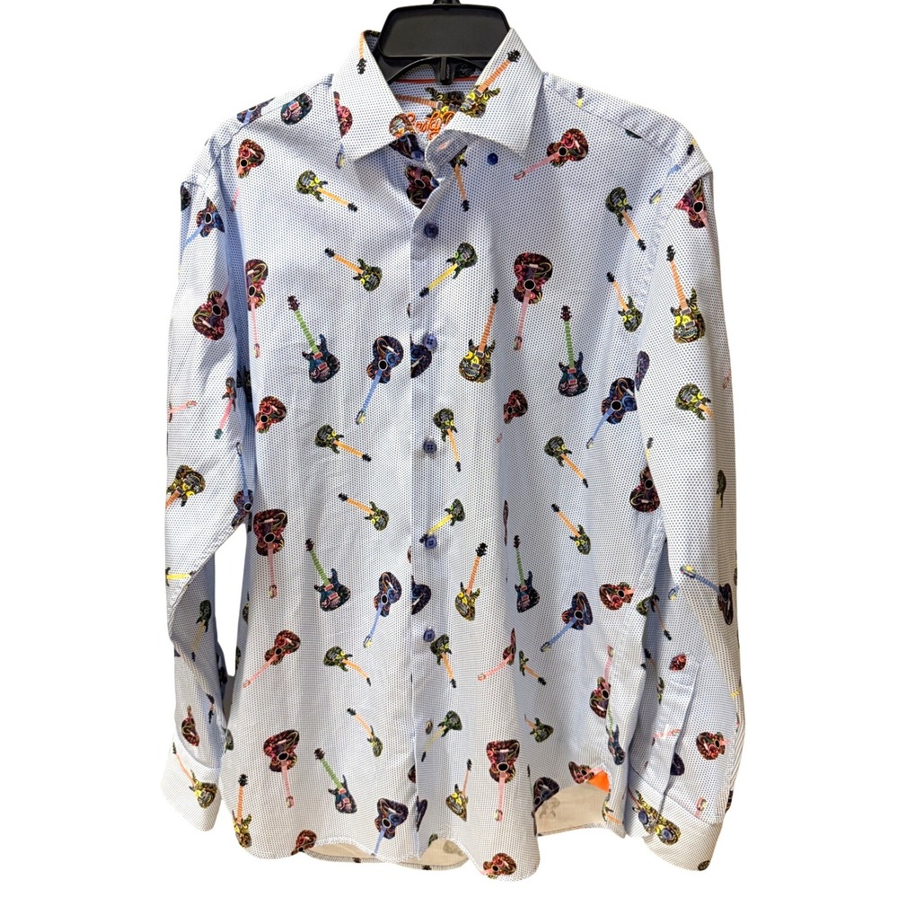Vtg Lasky Bros Mens Blue Guitar Music Print Button Up Shirt Size Small